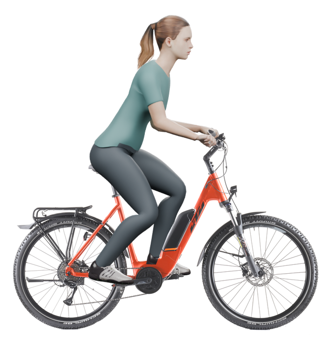 Sitzbeispiel mit derselben 3D-Person: leicht nach vorn geneigte Haltung auf demselben KTM Macina Aera P571 Street mit 56 cm Rahmen.