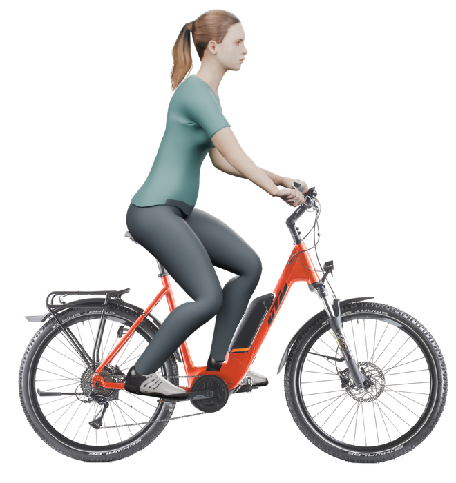 Sitzbeispiel mit 3D-Person: aufrechtere Haltung auf einem KTM Macina Aera P571 Street mit 56 cm Rahmen.