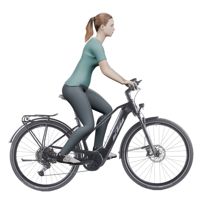 Sitzbeispiel mit 3D-Person: aufrechtere Haltung auf einem KTM Macina Sport 610 mit 46 cm Rahmen.