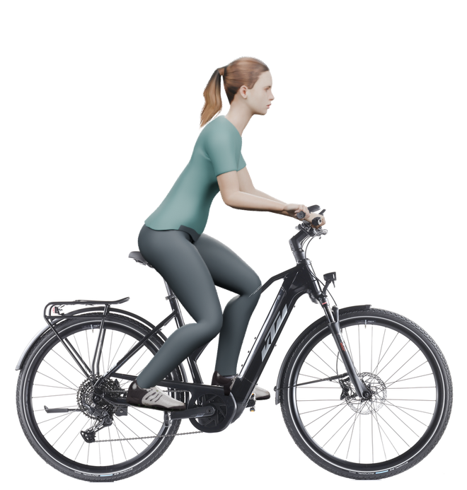 Sitzbeispiel mit derselben 3D-Person: leicht nach vorn geneigte Haltung auf demselben KTM Macina Sport 610 mit 51 cm Rahmen.
