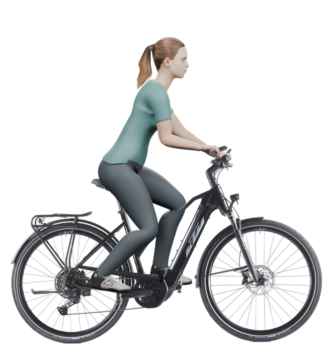 Sitzbeispiel mit 3D-Person: aufrechtere Haltung auf einem KTM Macina Sport 610 mit 51 cm Rahmen.
