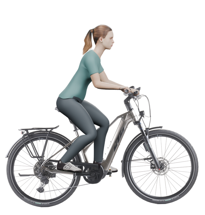 Sitzbeispiel mit derselben 3D-Person: leicht nach vorn geneigte Haltung auf demselben KTM Macina Style 720 ABS mit 46 cm Rahmen.