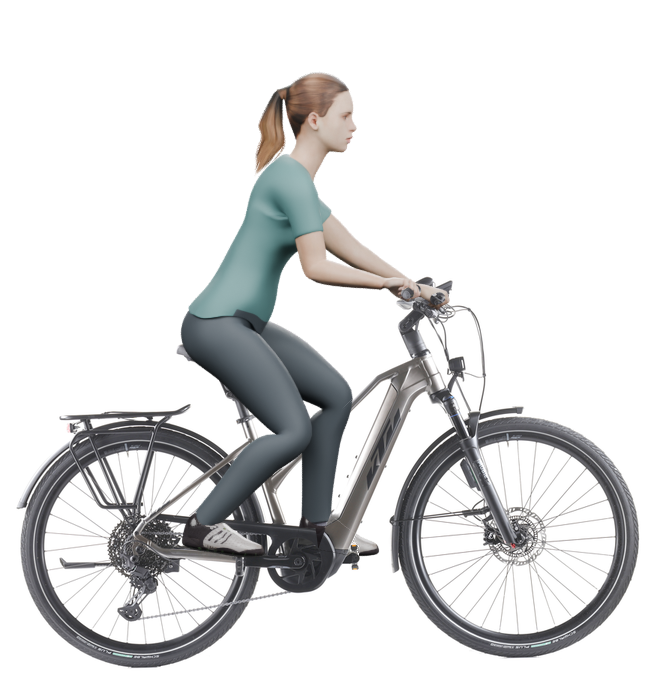 Sitzbeispiel mit 3D-Person: aufrechtere Haltung auf einem KTM Macina Style 720 ABS mit 46 cm Rahmen.