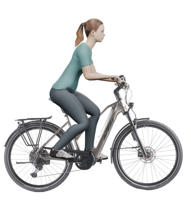 Sitzbeispiel mit derselben 3D-Person: leicht nach vorn geneigte Haltung auf demselben KTM Macina Style 720 ABS mit 51 cm Rahmen.