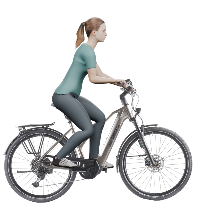 Sitzbeispiel mit 3D-Person: aufrechtere Haltung auf einem KTM Macina Style 720 ABS mit 51 cm Rahmen.
