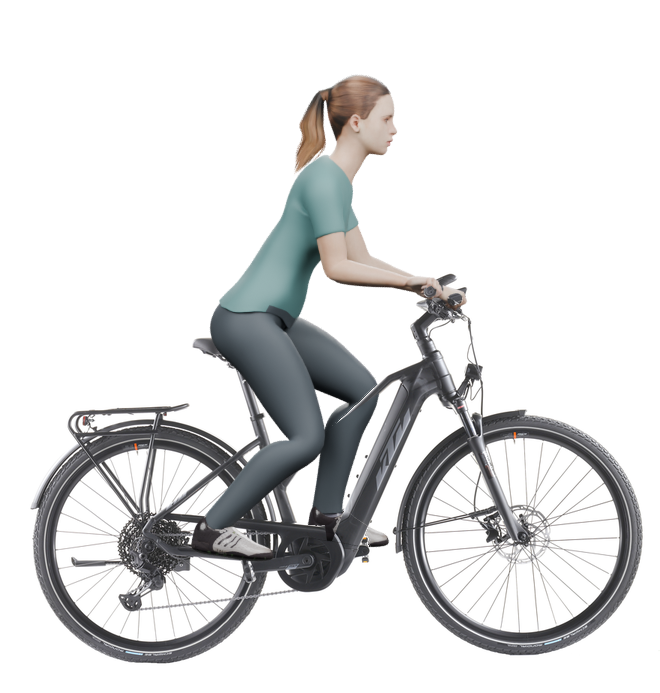 Sitzbeispiel mit derselben 3D-Person: leicht nach vorn geneigte Haltung auf demselben KTM Power Sport 11 Plus mit 46 cm Rahmen.