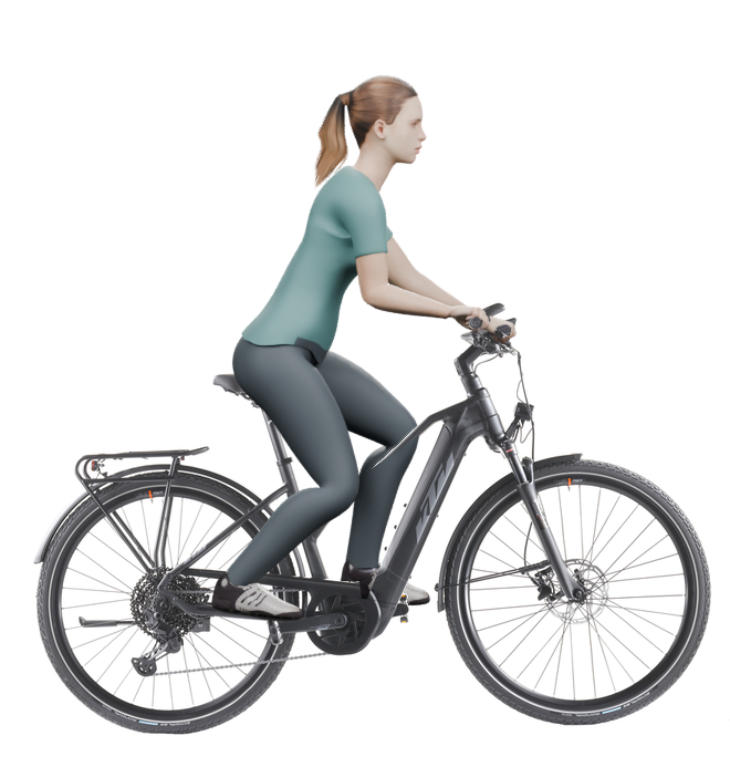 Sitzbeispiel mit 3D-Person: aufrechtere Haltung auf einem KTM Power Sport 11 Plus mit 46 cm Rahmen.