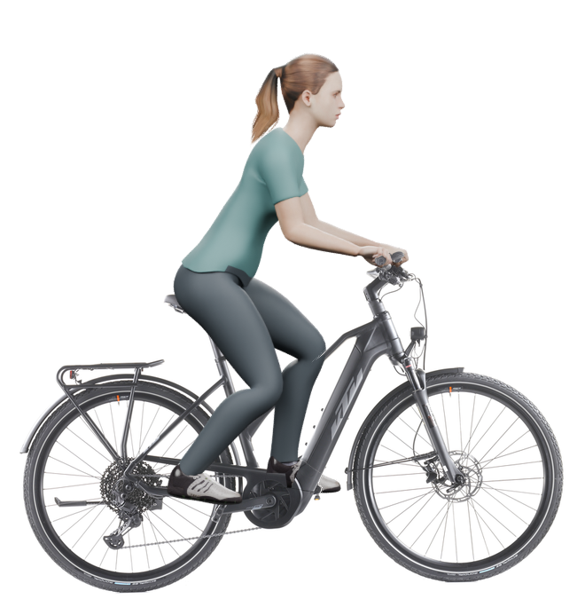 Sitzbeispiel mit derselben 3D-Person: leicht nach vorn geneigte Haltung auf demselben KTM Power Sport 11 Plus mit 51 cm Rahmen.
