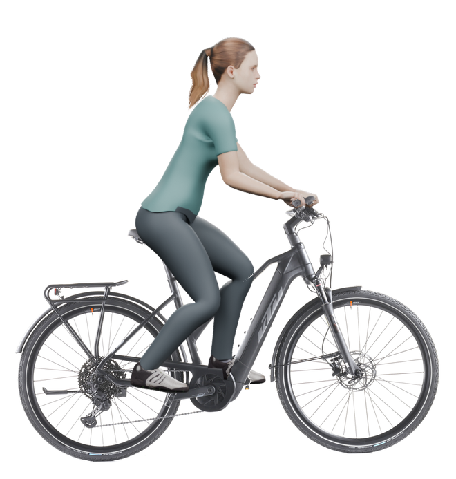 Sitzbeispiel mit 3D-Person: aufrechtere Haltung auf einem KTM Power Sport 11 Plus mit 51 cm Rahmen.