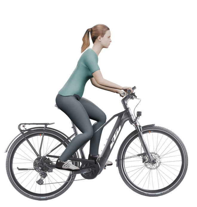 Sitzbeispiel mit derselben 3D-Person: leicht nach vorn geneigte Haltung auf demselben KTM Power Sport 10 mit 46 cm Rahmen.