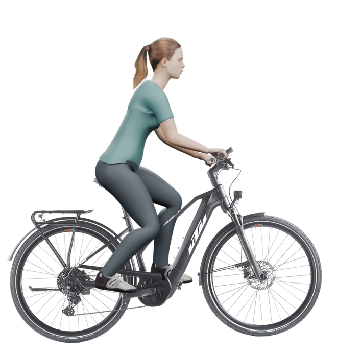 Sitzbeispiel mit 3D-Person: aufrechtere Haltung auf einem KTM Power Sport 10 mit 46 cm Rahmen.