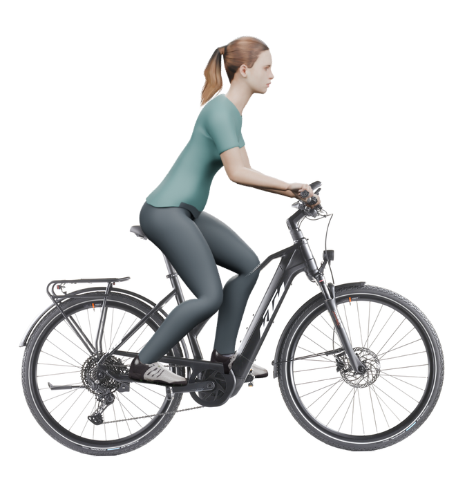 Sitzbeispiel mit derselben 3D-Person: leicht nach vorn geneigte Haltung auf demselben KTM Power Sport 10 mit 51 cm Rahmen.