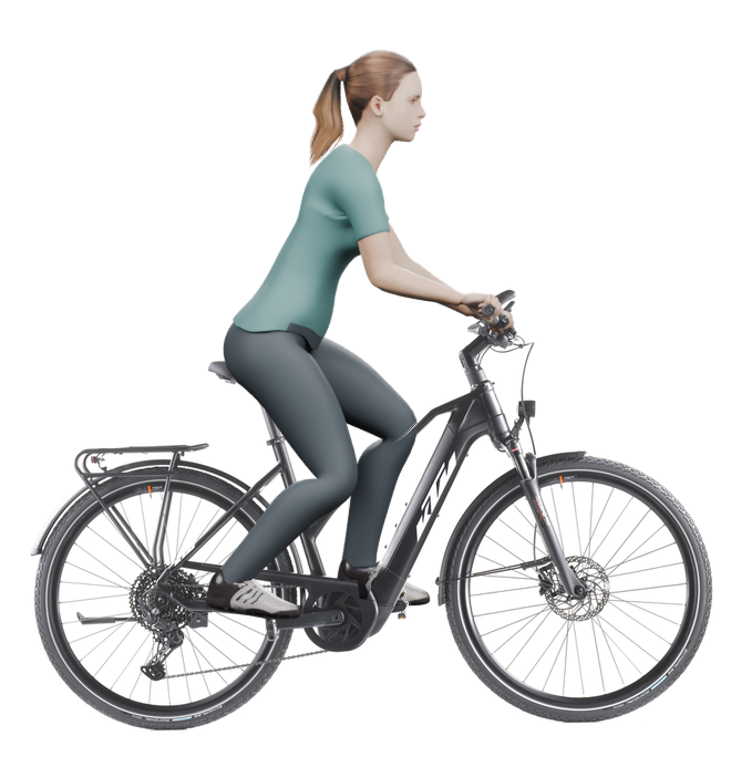 Sitzbeispiel mit 3D-Person: aufrechtere Haltung auf einem KTM Power Sport 10 mit 51 cm Rahmen.