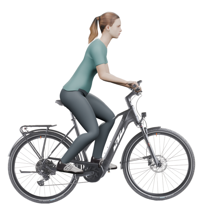 Sitzbeispiel mit derselben 3D-Person: leicht nach vorn geneigte Haltung auf demselben KTM Power Sport 10 mit 56 cm Rahmen.