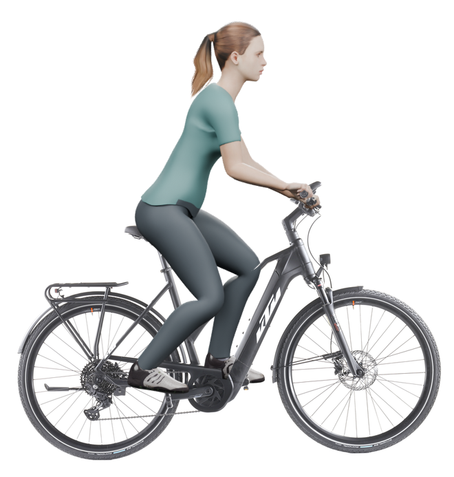 Sitzbeispiel mit 3D-Person: aufrechtere Haltung auf einem KTM Power Sport 10 mit 56 cm Rahmen.