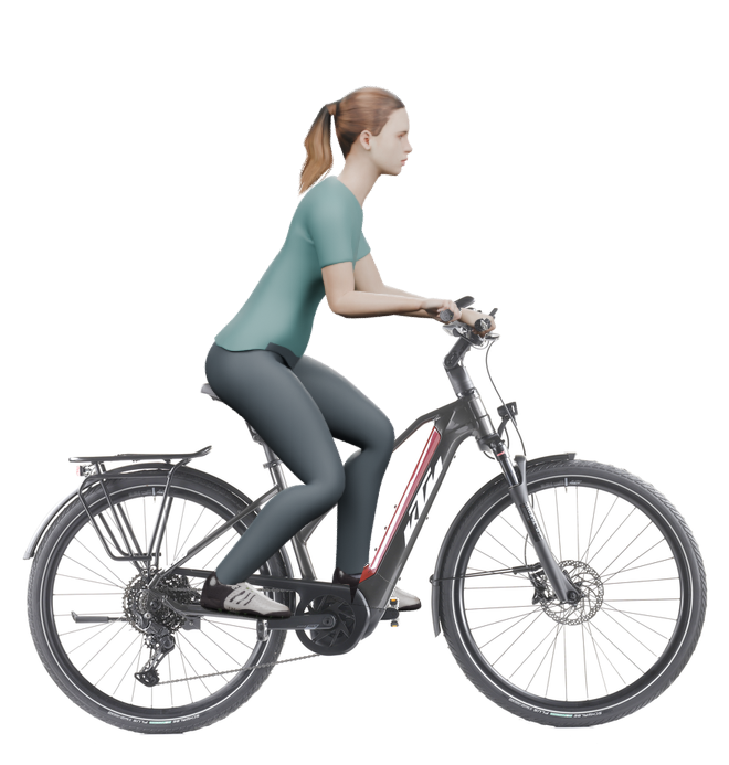 Sitzbeispiel mit derselben 3D-Person: leicht nach vorn geneigte Haltung auf demselben KTM Macina eTour Pro LTD mit 46 cm Rahmen.