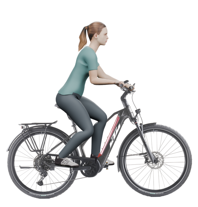 Sitzbeispiel mit 3D-Person: aufrechtere Haltung auf einem KTM Macina eTour Pro LTD mit 46 cm Rahmen.