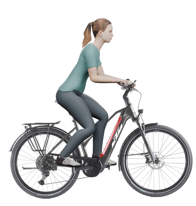 Sitzbeispiel mit derselben 3D-Person: leicht nach vorn geneigte Haltung auf demselben KTM Macina eTour Pro LTD mit 51 cm Rahmen.