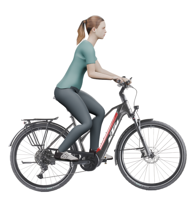 Sitzbeispiel mit 3D-Person: aufrechtere Haltung auf einem KTM Macina eTour Pro LTD mit 51 cm Rahmen.