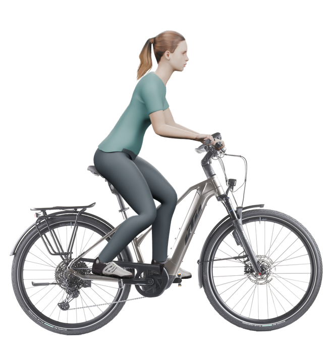 Sitzbeispiel mit derselben 3D-Person: leicht nach vorn geneigte Haltung auf demselben KTM Macina Style 720 ABS mit 46 cm Rahmen.
