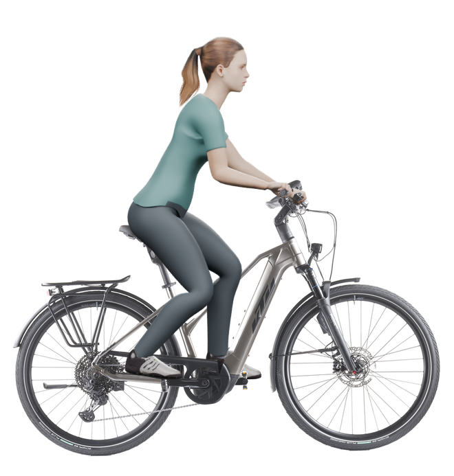 Sitzbeispiel mit 3D-Person: aufrechtere Haltung auf einem KTM Macina Style 720 ABS mit 46 cm Rahmen.