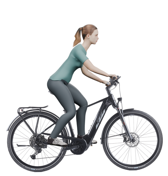 Sitzbeispiel mit derselben 3D-Person: leicht nach vorn geneigte Haltung auf demselben KTM Macina Sport 610 mit 46 cm Rahmen.