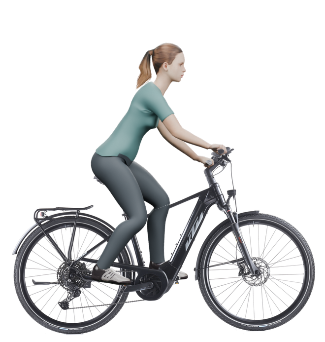 Sitzbeispiel mit 3D-Person: aufrechtere Haltung auf einem KTM Macina Sport 610 mit 46 cm Rahmen.