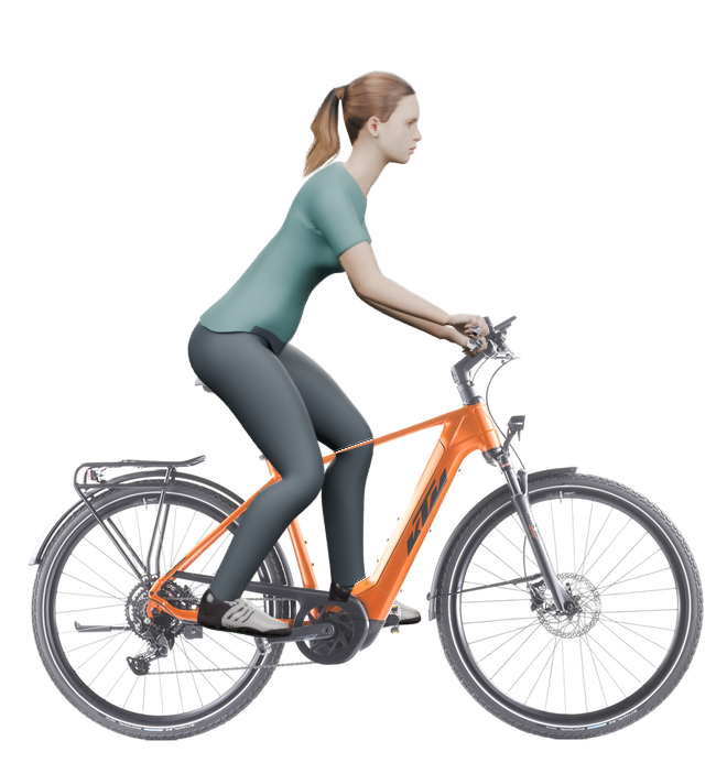 Sitzbeispiel mit derselben 3D-Person: leicht nach vorn geneigte Haltung auf demselben KTM Macina Sport 510 mit 51 cm Rahmen.