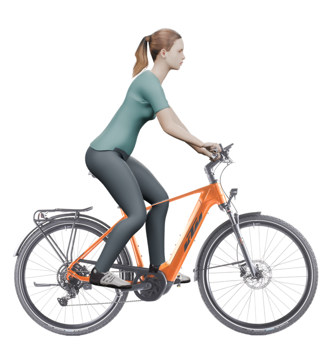 Sitzbeispiel mit 3D-Person: aufrechtere Haltung auf einem KTM Macina Sport 510 mit 51 cm Rahmen.