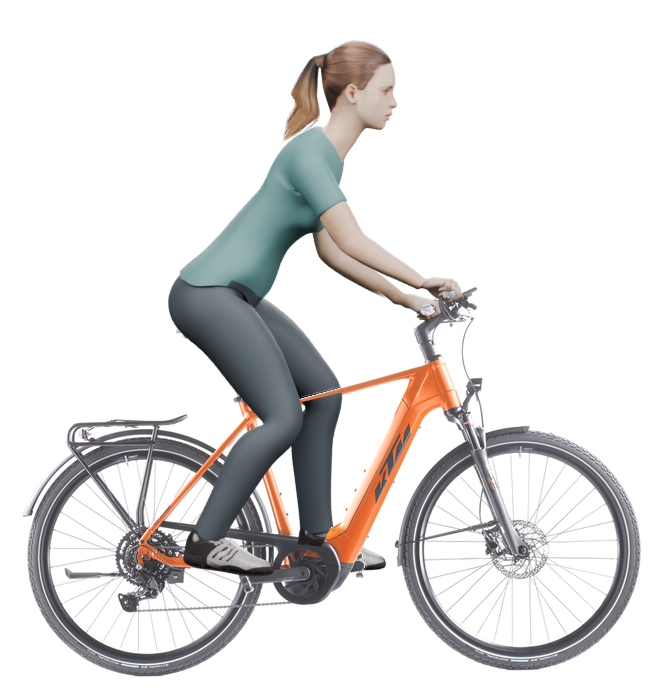 Sitzbeispiel mit derselben 3D-Person: leicht nach vorn geneigte Haltung auf demselben KTM Macina Sport 510 mit 56 cm Rahmen.