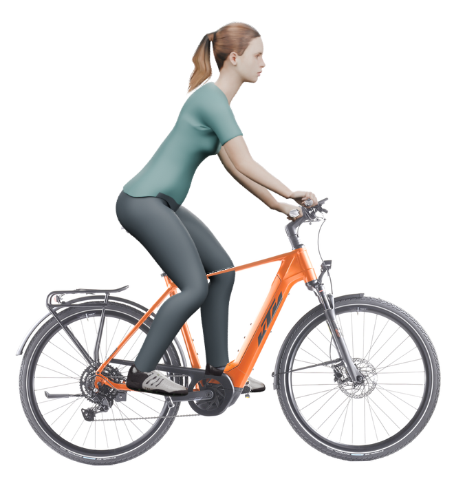 Sitzbeispiel mit 3D-Person: aufrechtere Haltung auf einem KTM Macina Sport 510 mit 56 cm Rahmen.