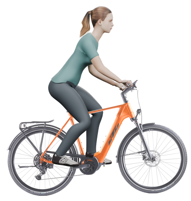Sitzbeispiel mit derselben 3D-Person: leicht nach vorn geneigte Haltung auf demselben KTM Macina Sport 510 mit 60 cm Rahmen.