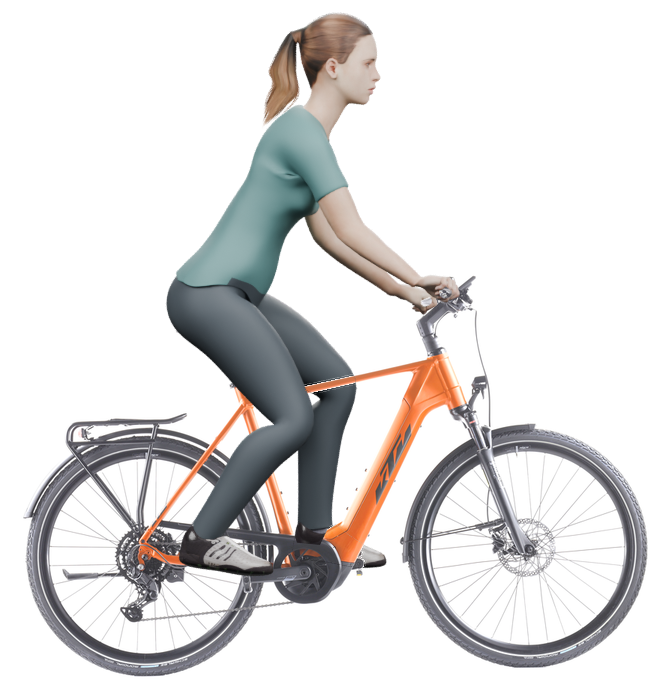 Sitzbeispiel mit 3D-Person: aufrechtere Haltung auf einem KTM Macina Sport 510 mit 60 cm Rahmen.
