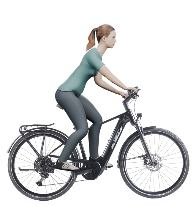 Sitzbeispiel mit derselben 3D-Person: leicht nach vorn geneigte Haltung auf demselben KTM Macina Sport 610 mit 46 cm Rahmen.