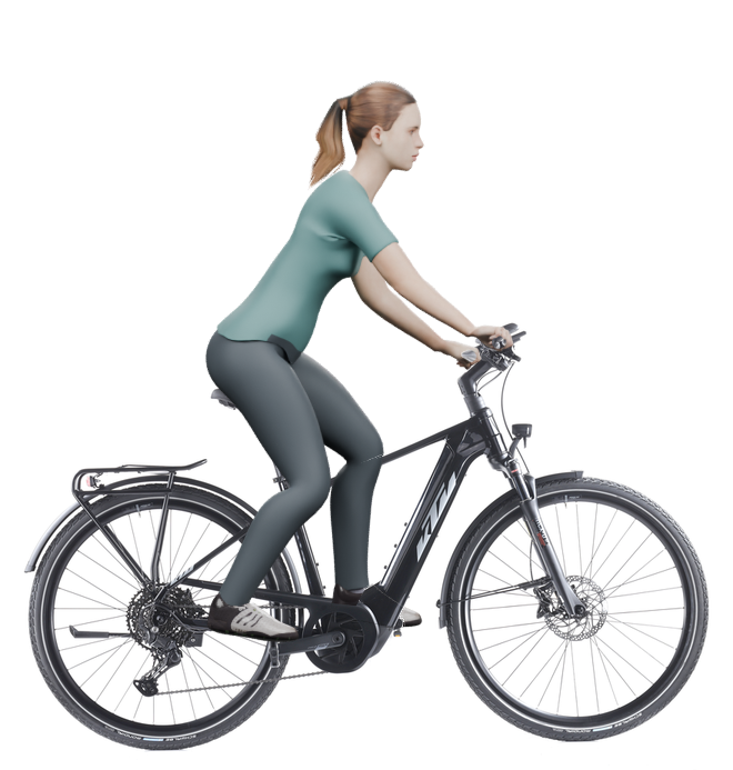 Sitzbeispiel mit 3D-Person: aufrechtere Haltung auf einem KTM Macina Sport 610 mit 46 cm Rahmen.