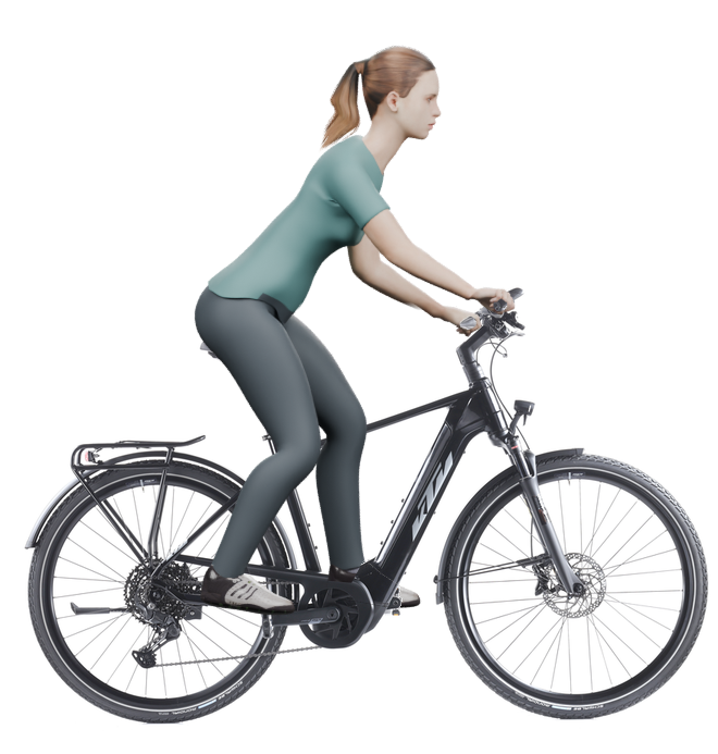 Sitzbeispiel mit derselben 3D-Person: leicht nach vorn geneigte Haltung auf demselben KTM Macina Sport 610 mit 51 cm Rahmen.