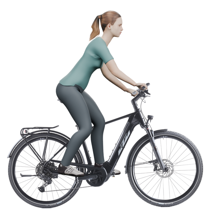 Sitzbeispiel mit 3D-Person: aufrechtere Haltung auf einem KTM Macina Sport 610 mit 51 cm Rahmen.