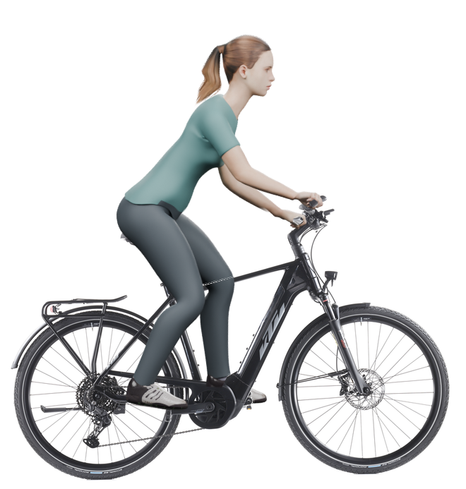 Sitzbeispiel mit derselben 3D-Person: leicht nach vorn geneigte Haltung auf demselben KTM Macina Sport 610 mit 56 cm Rahmen.