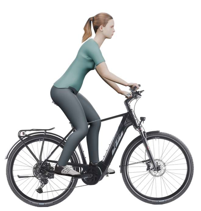 Sitzbeispiel mit 3D-Person: aufrechtere Haltung auf einem KTM Macina Sport 610 mit 56 cm Rahmen.