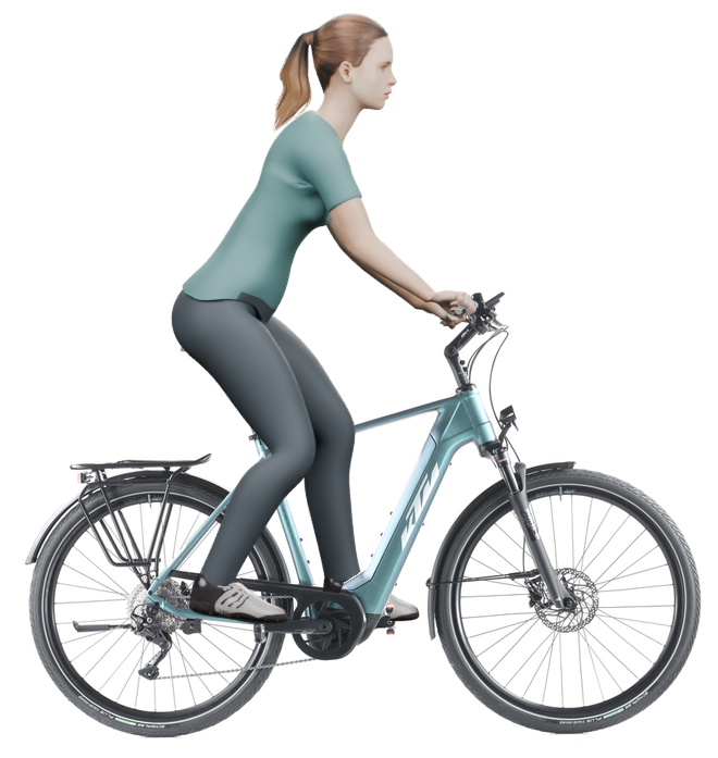 Sitzbeispiel mit 3D-Person: aufrechtere Haltung auf einem KTM Macina Tour CX 510 mit 56 cm Rahmen.
