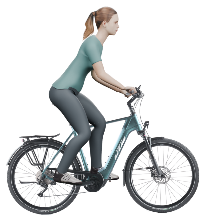 Sitzbeispiel mit derselben 3D-Person: leicht nach vorn geneigte Haltung auf demselben KTM Macina Tour CX 510 mit 60 cm Rahmen.