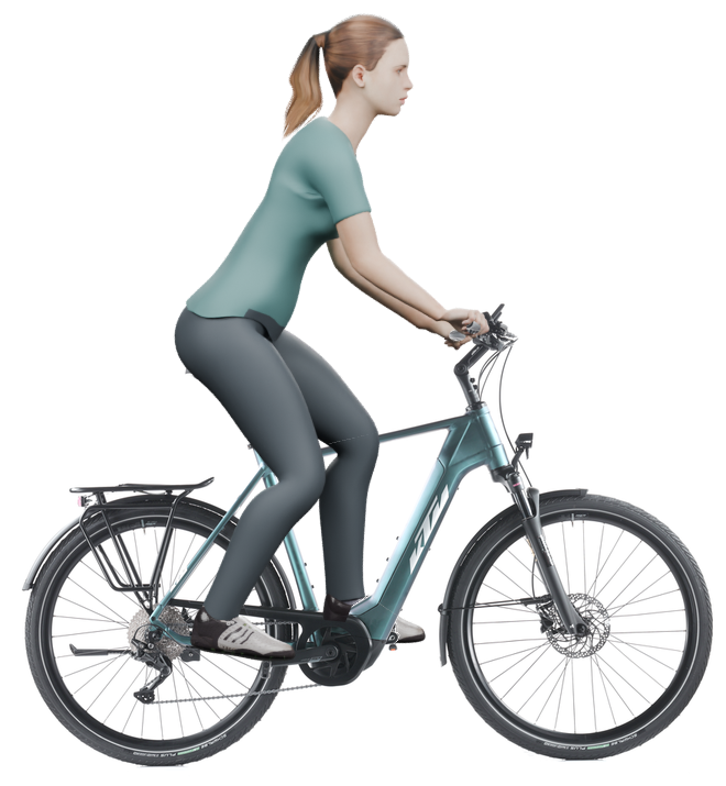 Sitzbeispiel mit 3D-Person: aufrechtere Haltung auf einem KTM Macina Tour CX 510 mit 60 cm Rahmen.