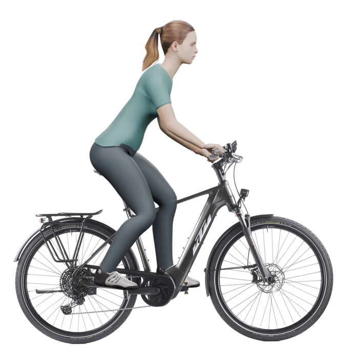 Sitzbeispiel mit derselben 3D-Person: leicht nach vorn geneigte Haltung auf demselben KTM Macina Style XL mit 51 cm Rahmen.