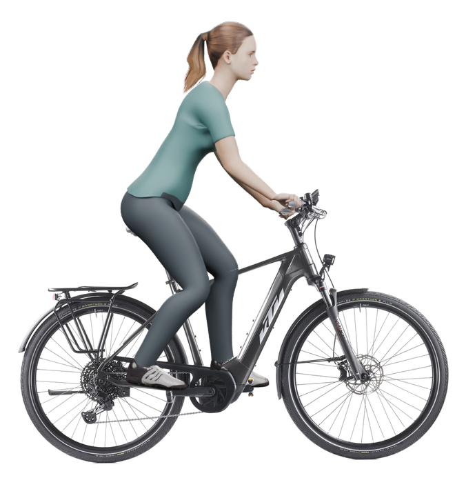 Sitzbeispiel mit 3D-Person: aufrechtere Haltung auf einem KTM Macina Style XL mit 51 cm Rahmen.