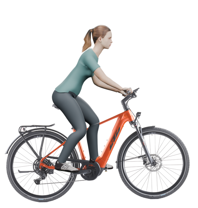 Sitzbeispiel mit derselben 3D-Person: leicht nach vorn geneigte Haltung auf demselben KTM Macina Sport 510 mit 46 cm Rahmen.