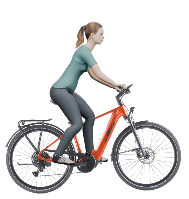 Sitzbeispiel mit 3D-Person: aufrechtere Haltung auf einem KTM Macina Sport 510 mit 46 cm Rahmen.