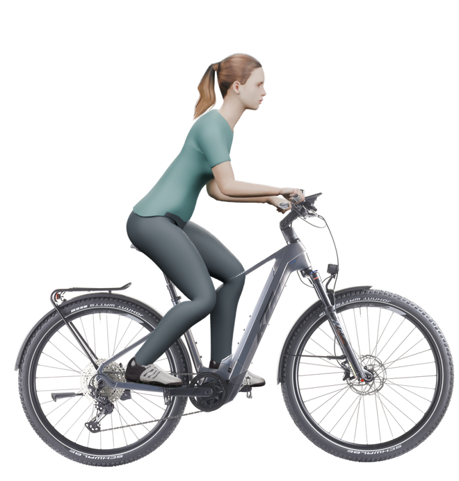 Sitzbeispiel mit derselben 3D-Person: leicht nach vorn geneigte Haltung auf demselben KTM Macina Team 892 LFC mit 43 cm Rahmen.