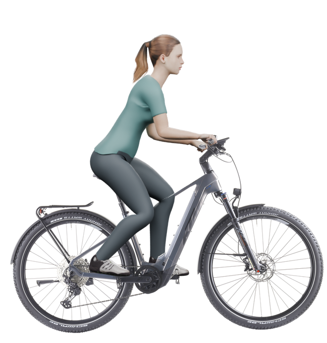 Sitzbeispiel mit 3D-Person: aufrechtere Haltung auf einem KTM Macina Team 892 LFC mit 43 cm Rahmen.