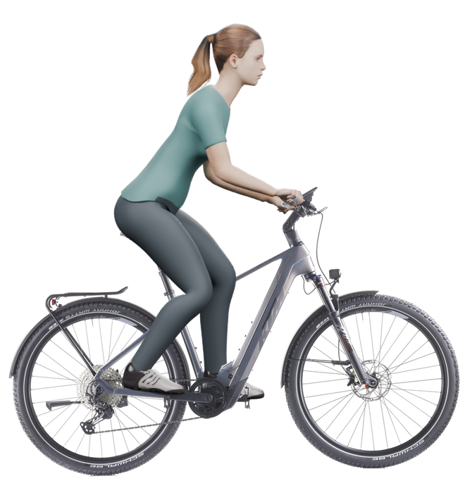 Sitzbeispiel mit derselben 3D-Person: leicht nach vorn geneigte Haltung auf demselben KTM Macina Team 892 LFC mit 48 cm Rahmen.