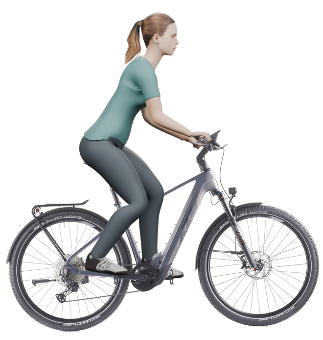 Sitzbeispiel mit 3D-Person: aufrechtere Haltung auf einem KTM Macina Team 892 LFC mit 48 cm Rahmen.